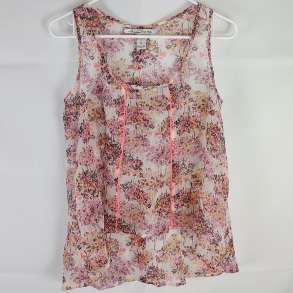 American Rag Sheer Floral High Low Tank Top Pink Boho Flow Blouse Medium